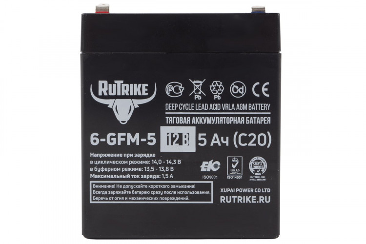 Тяговый гелевый аккумулятор RuTrike 6-GFM-5 (12V5A/H C20) в Тюмени